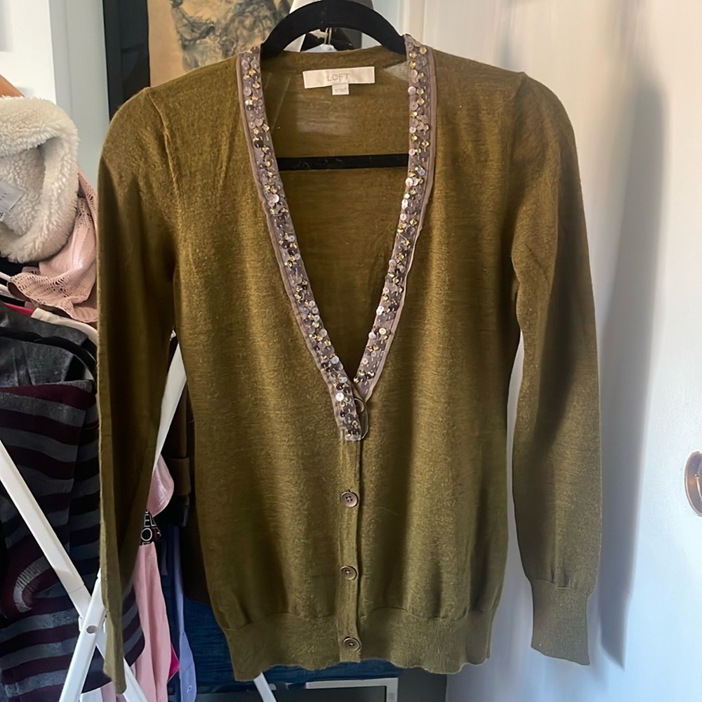 Loft Sequin Embellished Cardigan Wool Blend Sweater Olive XS